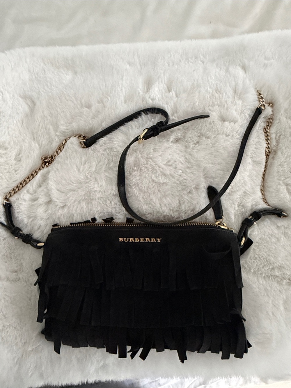 Burberry Black Suede Fringe Crossbody with Gold Chain Accents